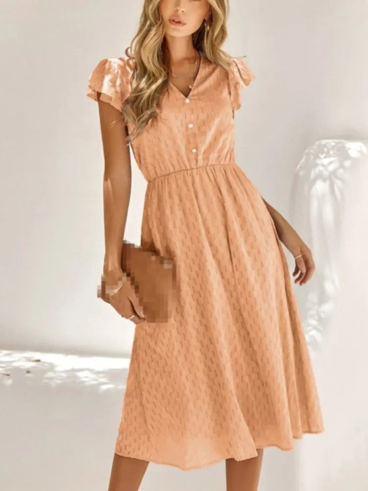 Mikaela - Elegante vestido midi con cuello en V, manga acampanada
