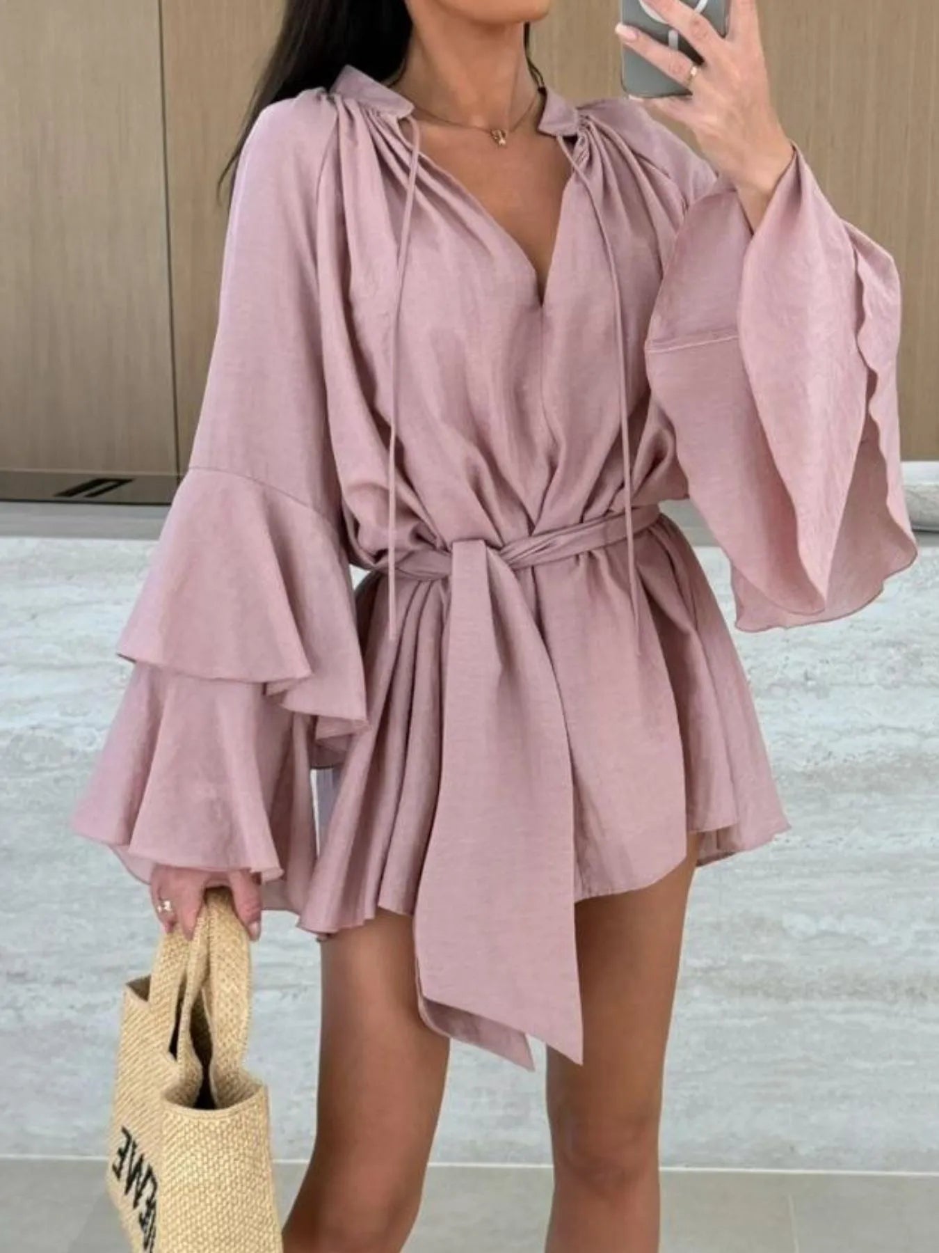 Alice - Mini vestido de manga larga con cintura de corbata