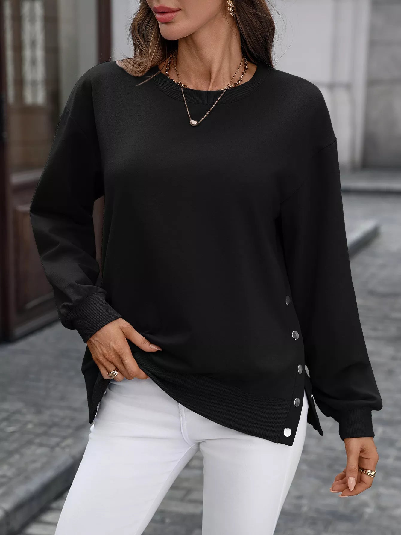 Zabina - Jersey informal y holgado con botones laterales para mujer