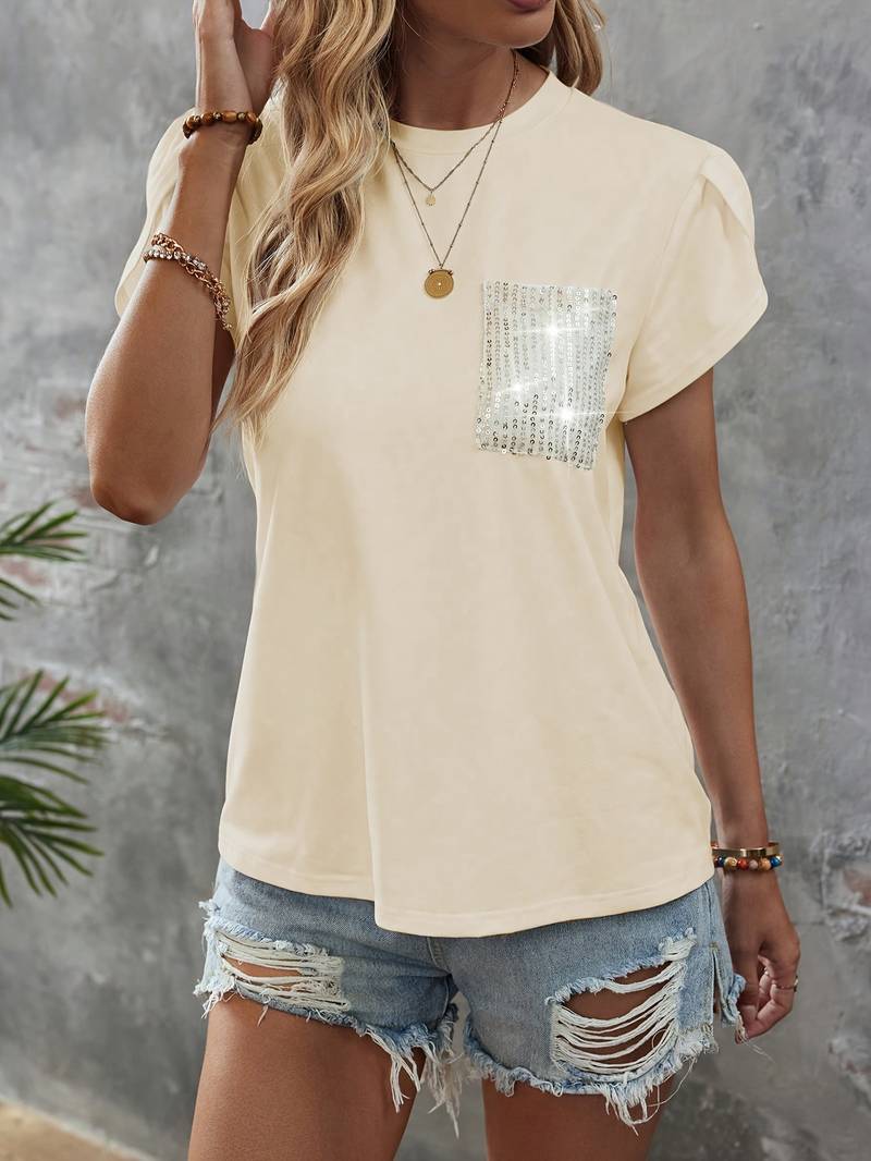 Shane - Top chic con mangas de pétalo y bolsillo de lentejuelas