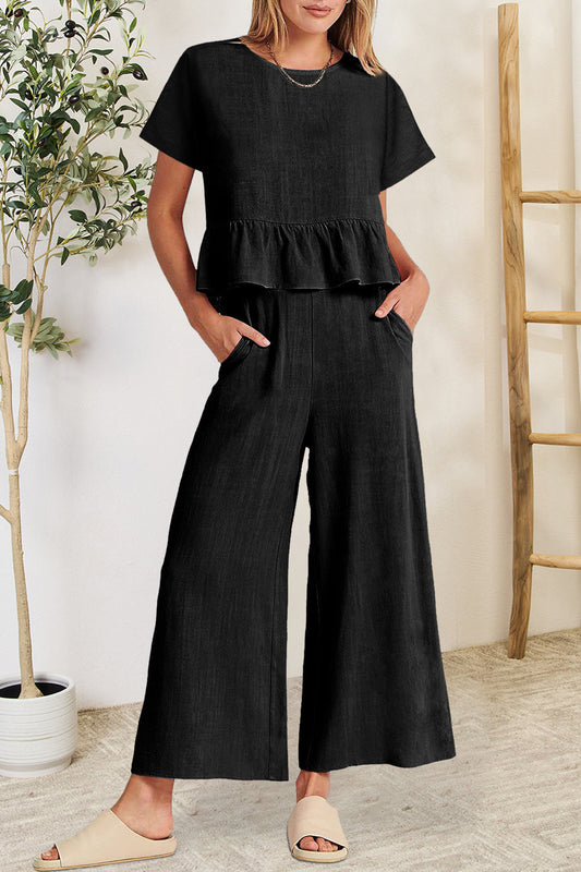 Berenice - Estiloso conjunto de top de manga corta y volante con cuello redondo y pantalón