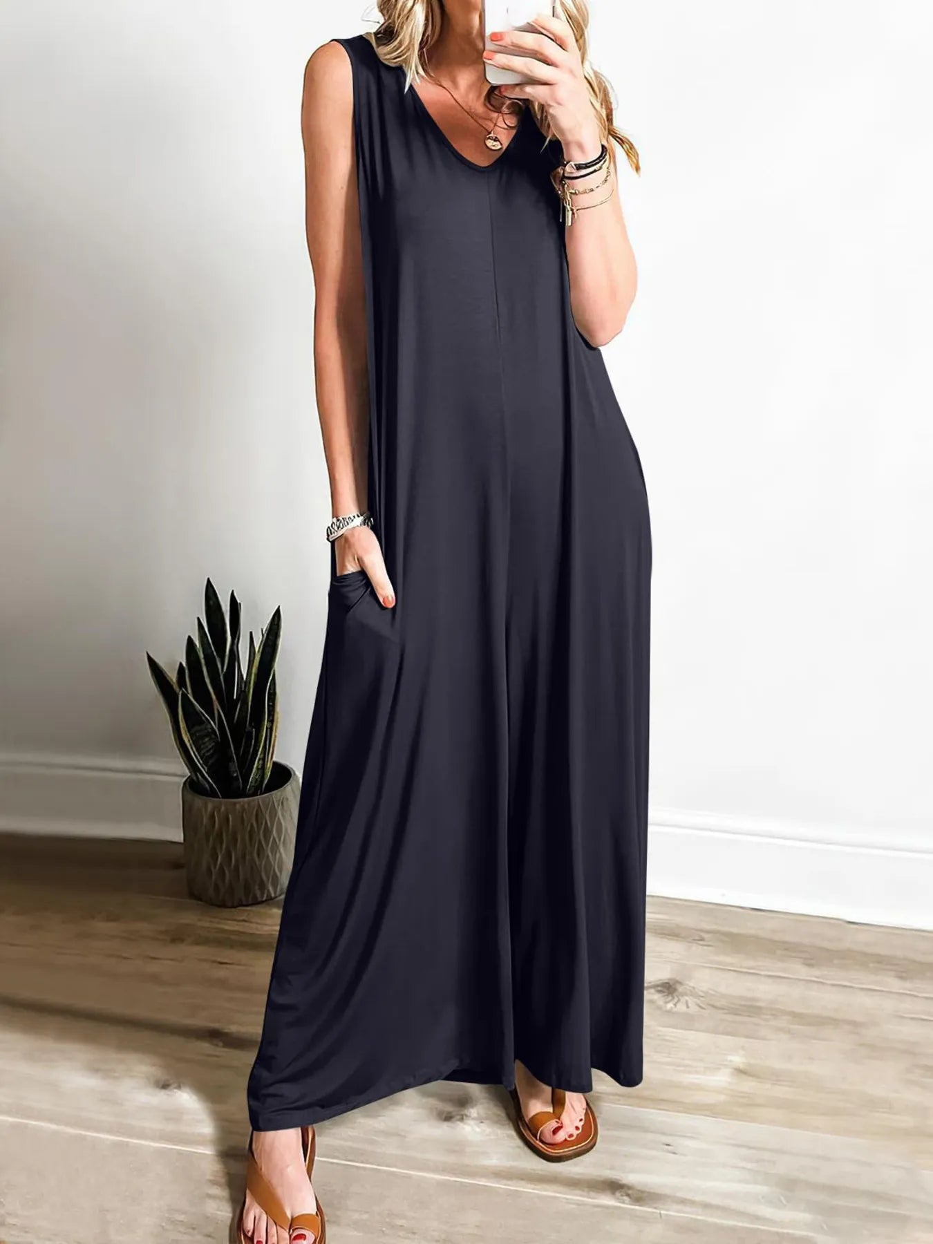 Lily - Mono Casual Sin Mangas Cuello en V Con Bolsillos