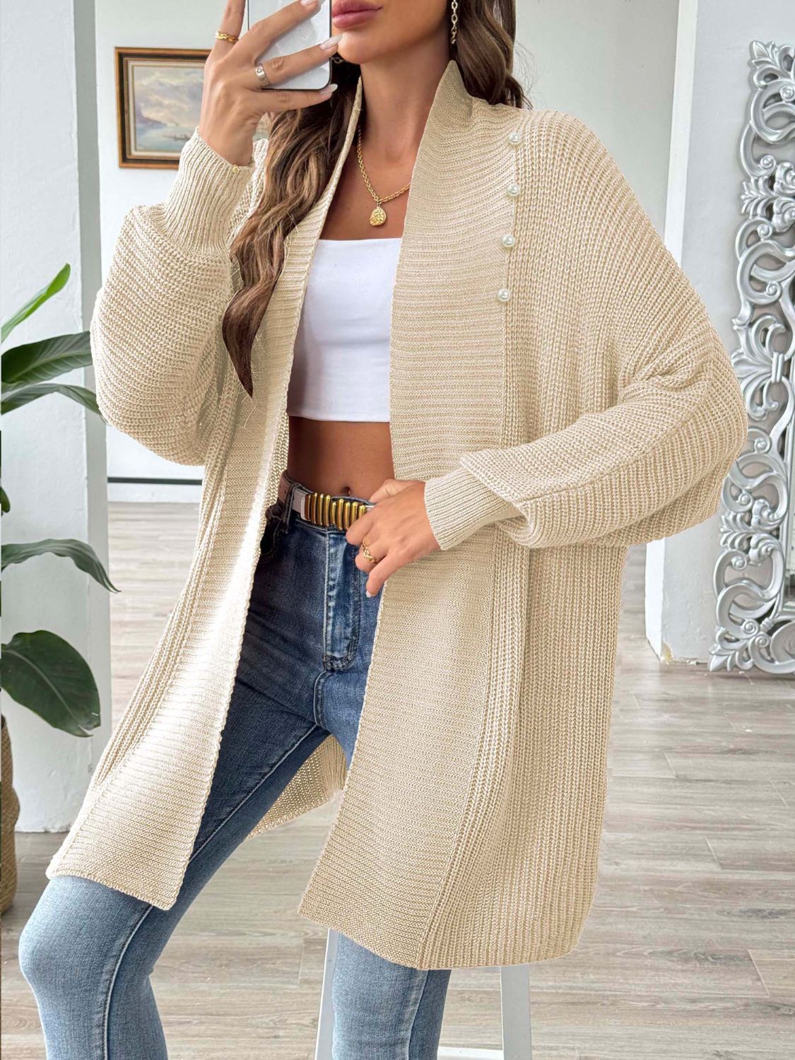 Clarice - Chaqueta de punto de manga larga, suelta y elegante, con frente abierto