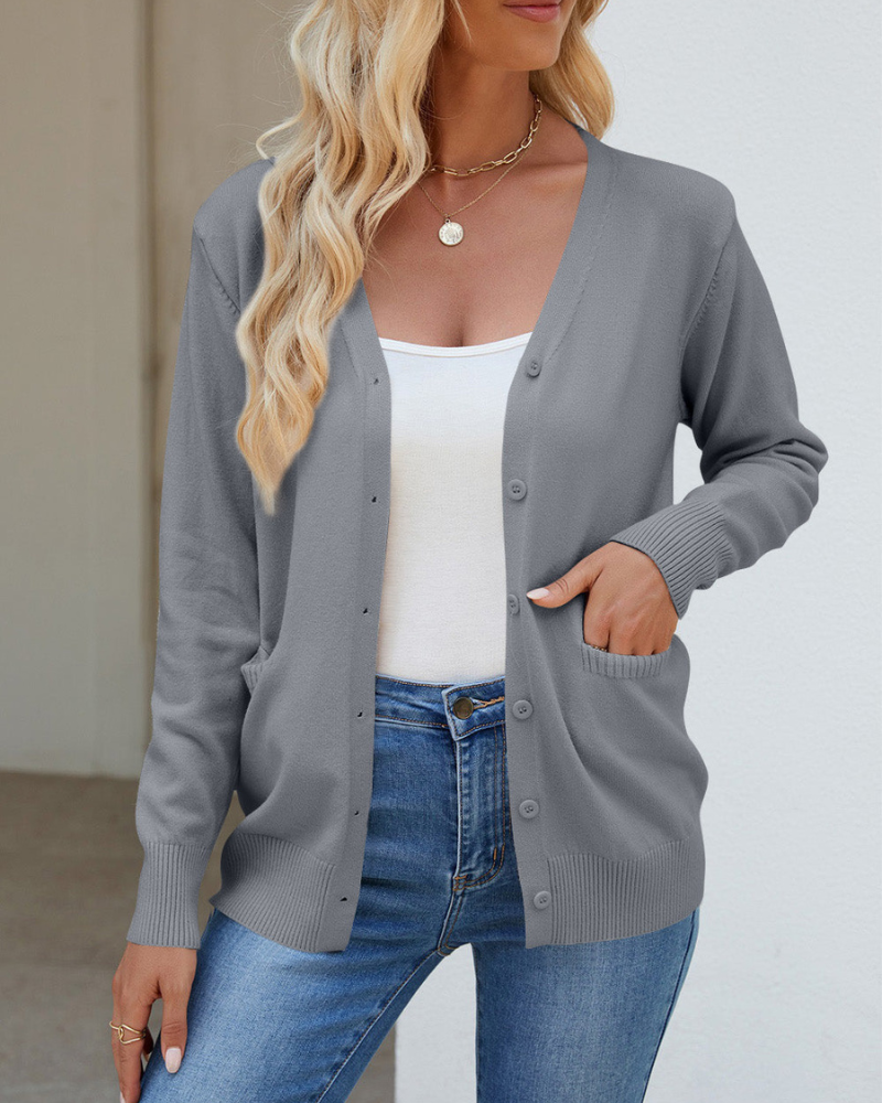 Bessie - Chaqueta de manga larga abotonada con cuello de pico y bolsillos