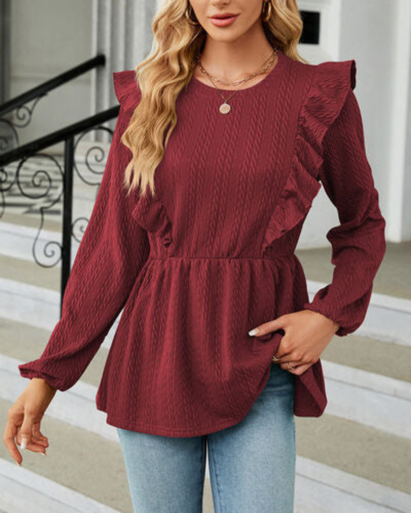Leilani - Elegante blusa de manga larga y cuello redondo con volantes