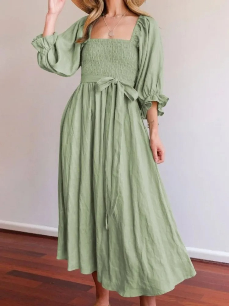 Liza - Elegante vestido de manga farol con volantes y cinturón de cordón