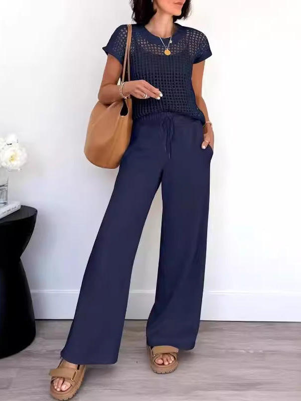 Delphine - Top de punto abierto de estilo casual y pantalón de pata ancha