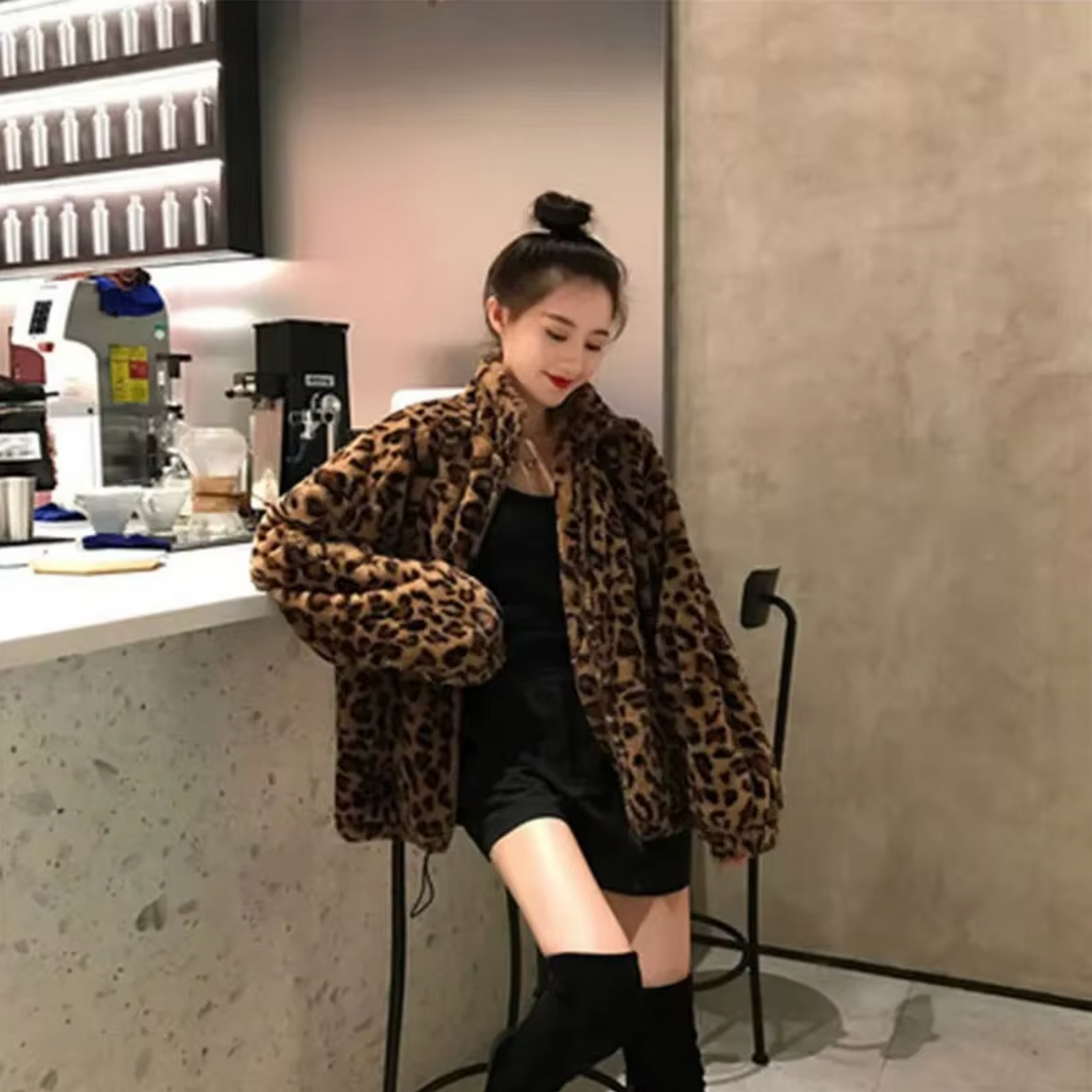 Breigh – Chaqueta de pelo con estampado de leopardo y cierre de cremallera