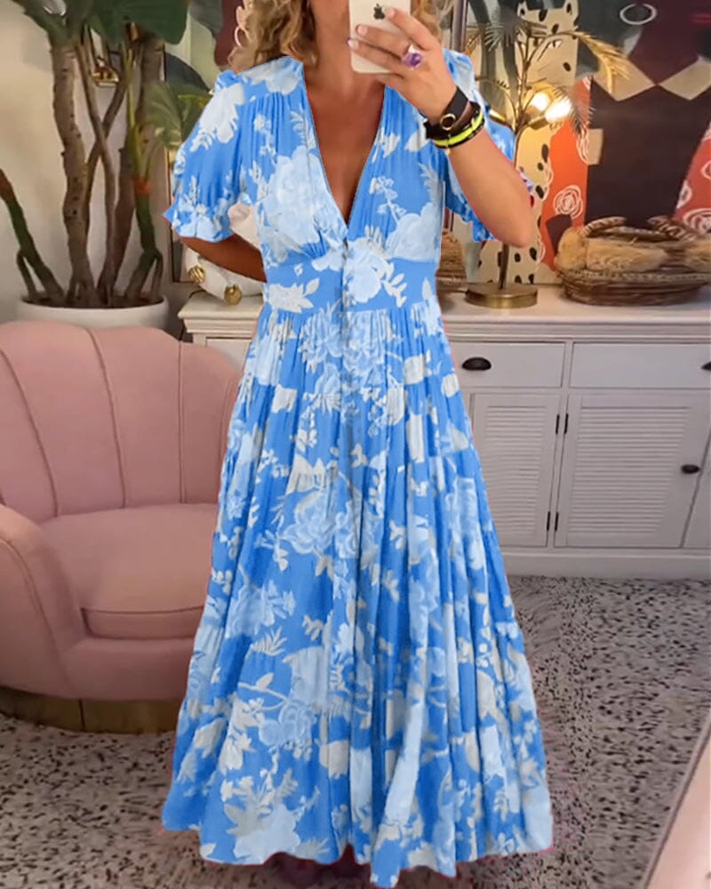 Vannessa - Elegante vestido largo floral con cuello en V profundo