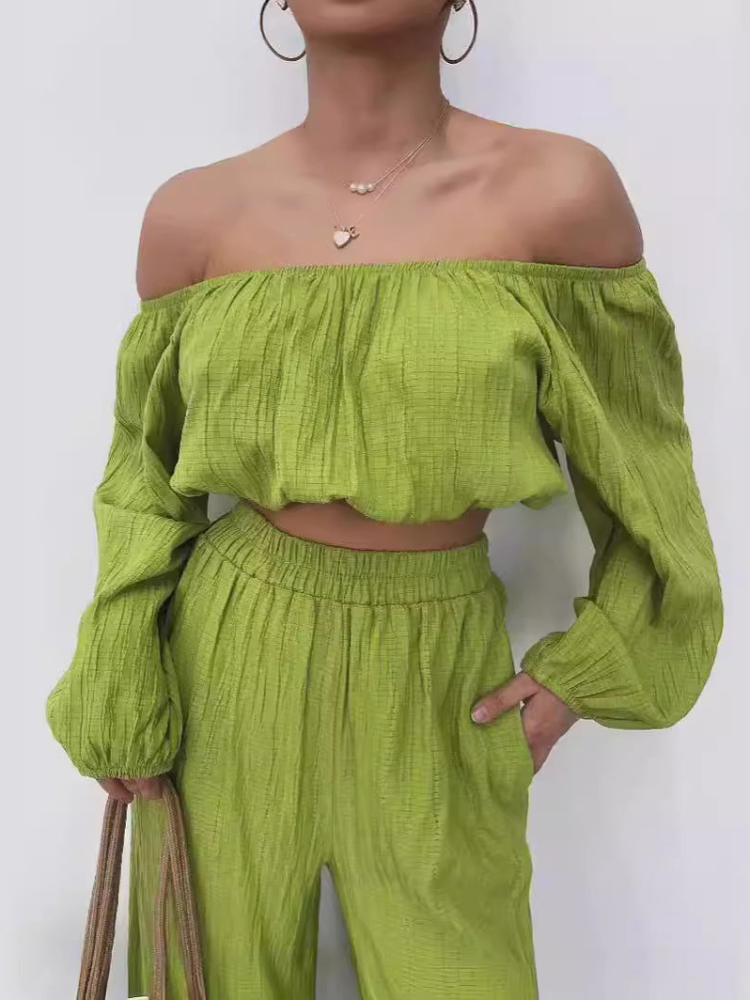 Elsa - Elegante conjunto de crop top sin hombros y pantalón de cintura alta y pernera ancha