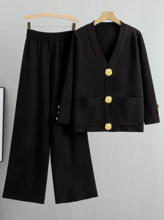 Rika - Elegante conjunto de cárdigan de punto con cuello en V y pantalones