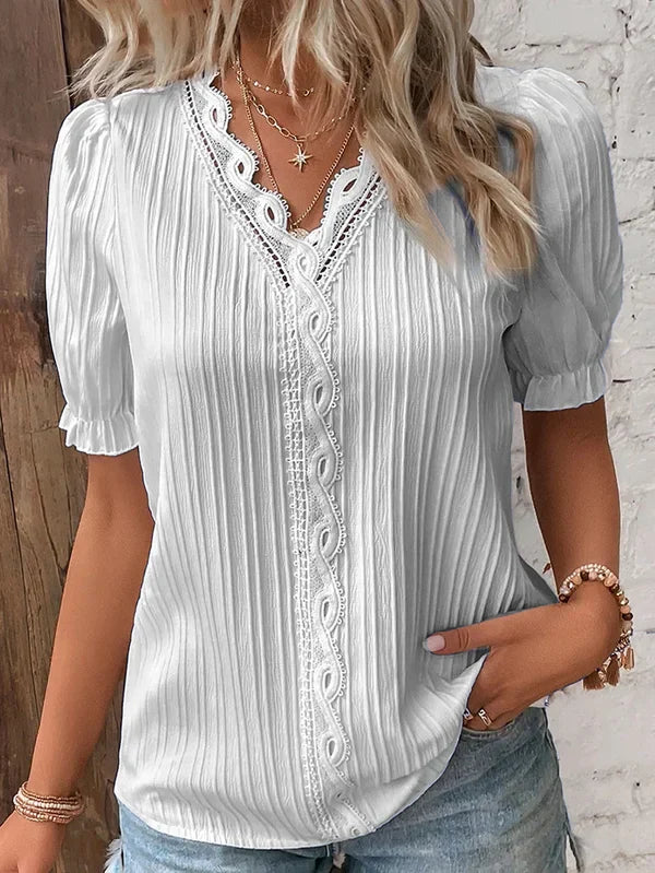 Rosemarie - Elegante blusa de manga corta con cuello de pico