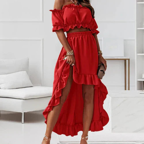Sanaya - Elegante conjunto de falda y top con volantes y hombros al descubierto