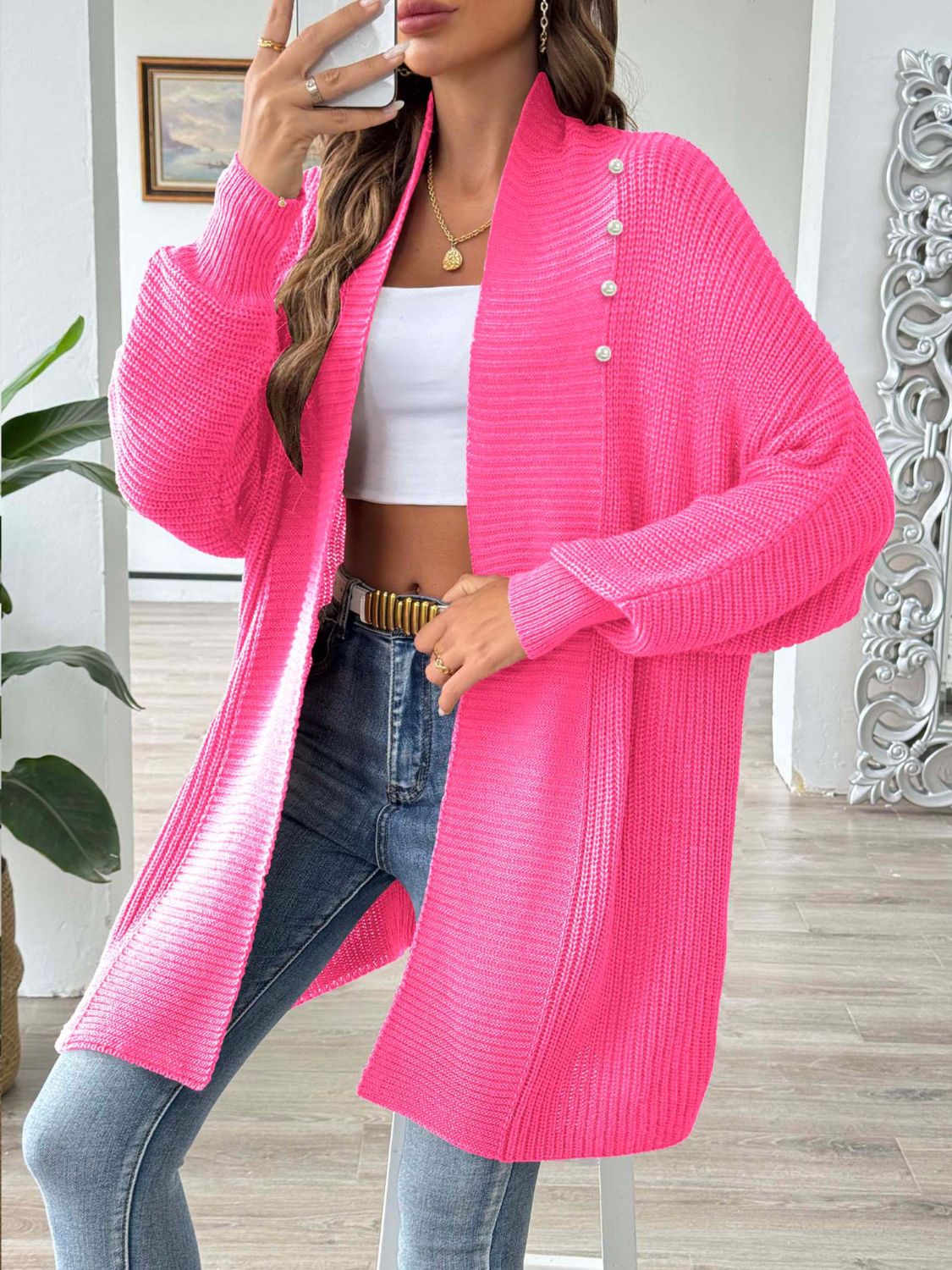 Clarice - Chaqueta de punto de manga larga, suelta y elegante, con frente abierto