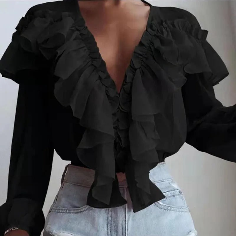 Nychelle - Elegante blusa con volante de manga larga y cuello en V profundo