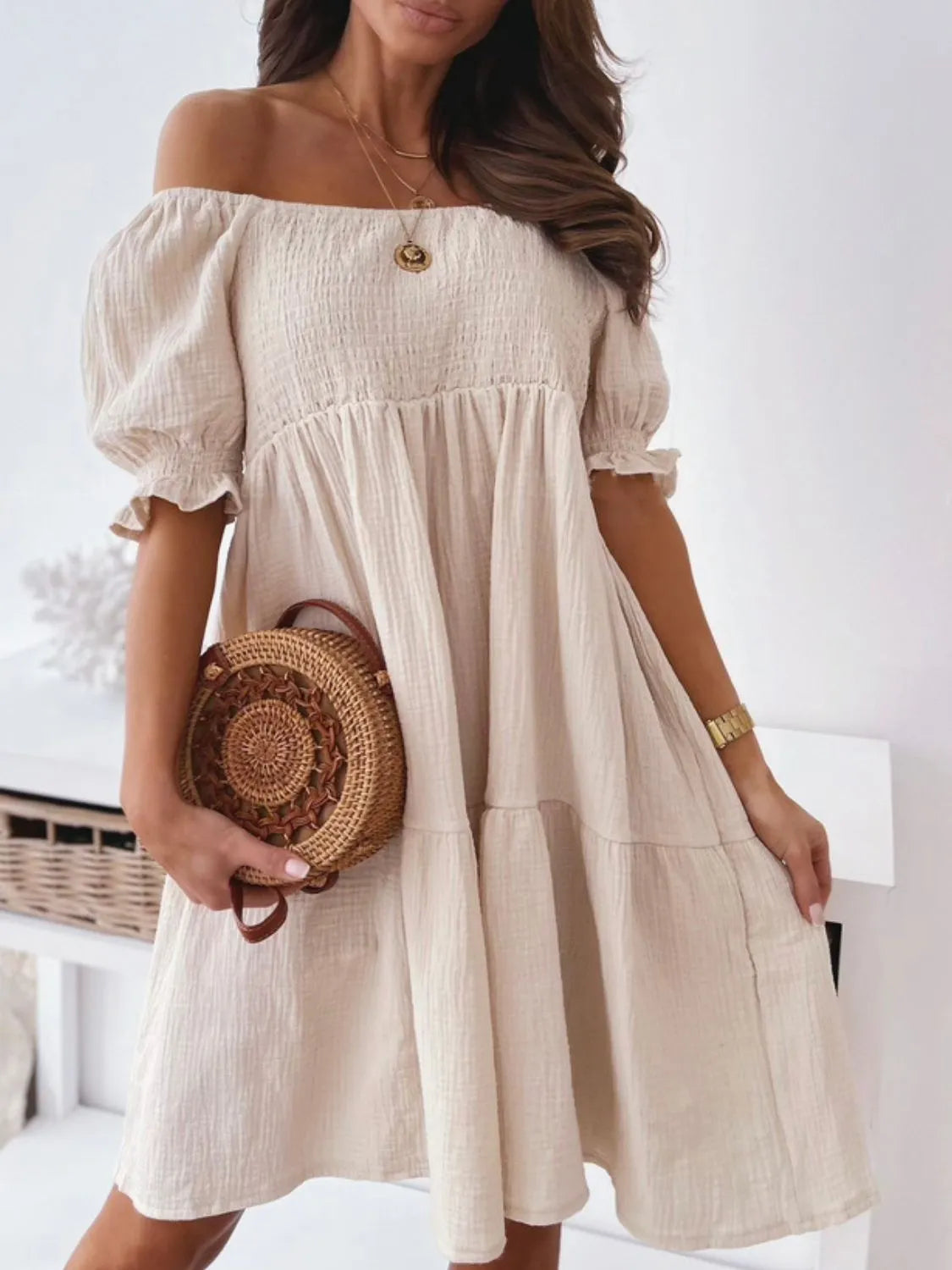 Blair - Elegante minivestido de manga corta y hombros descubiertos