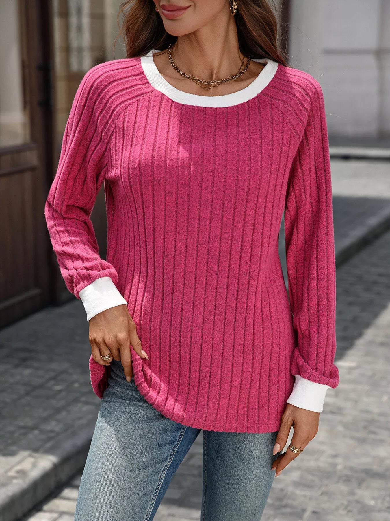 Alyanna - Jersey informal de cuello redondo de punto acanalado