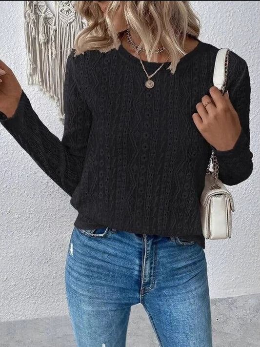 Kaity - Elegante blusa de manga larga con cuello redondo y ojales