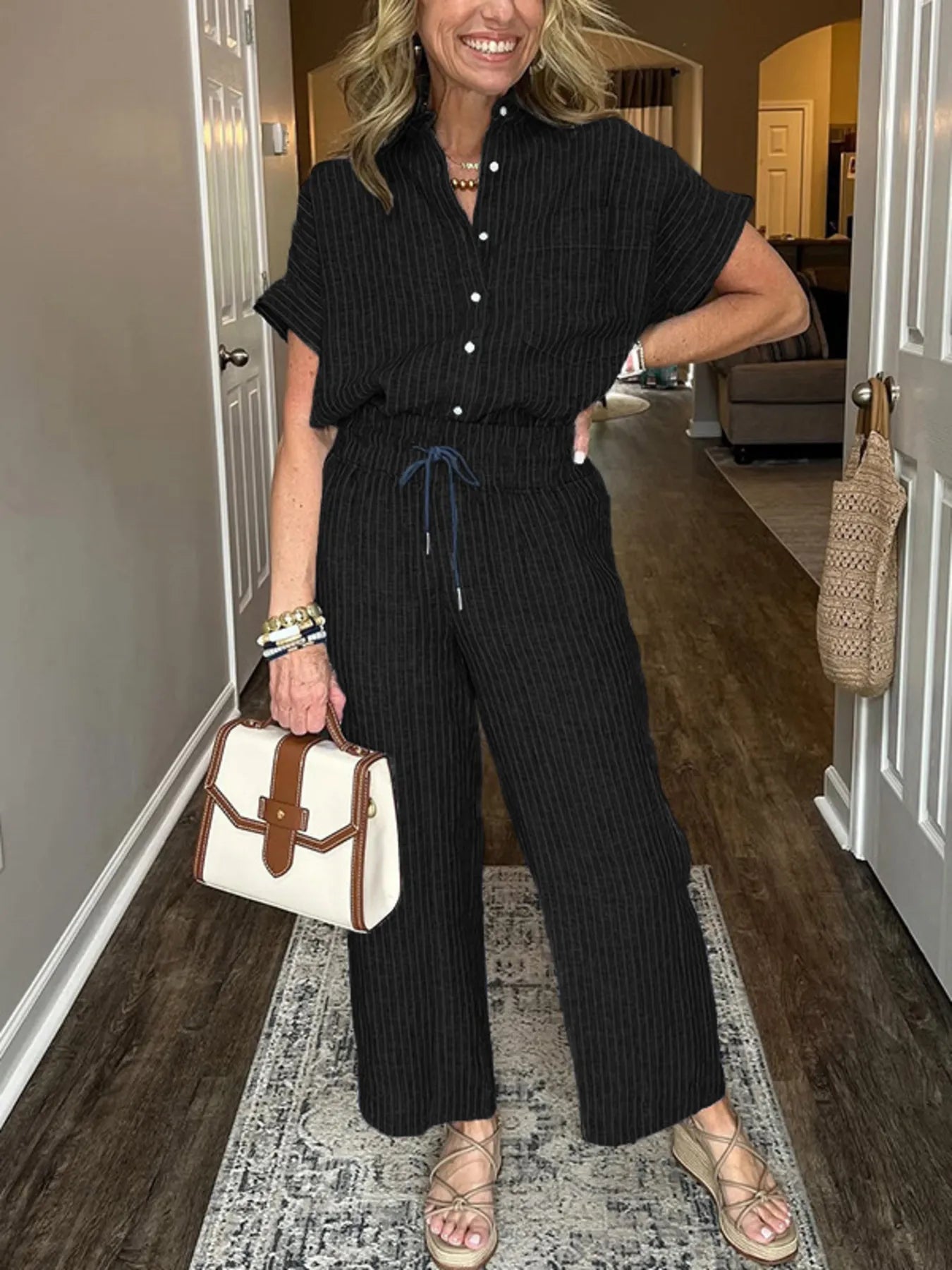 Malou - Conjunto informal de camisa suelta abotonada y pantalón ancho