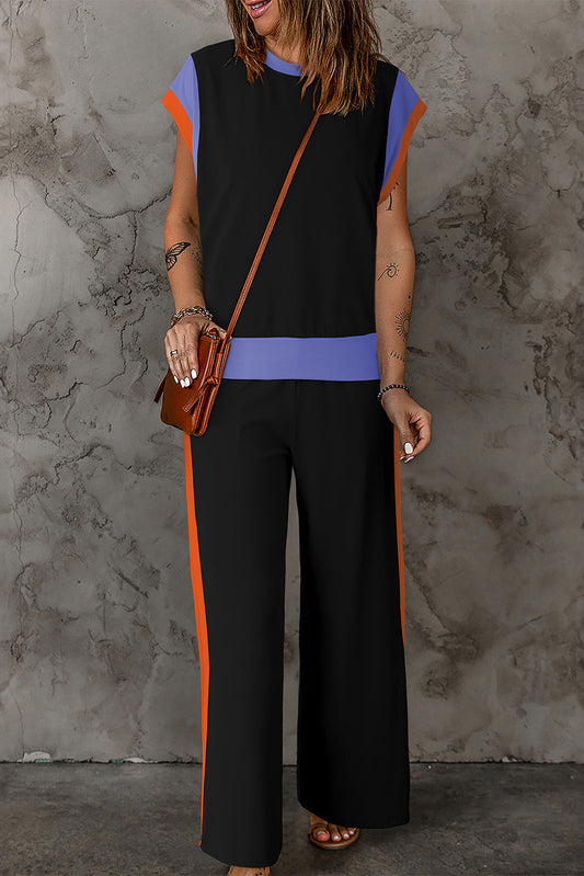 Krissy - Elegante conjunto de top y pantalones holgados con cuello redondo en contraste