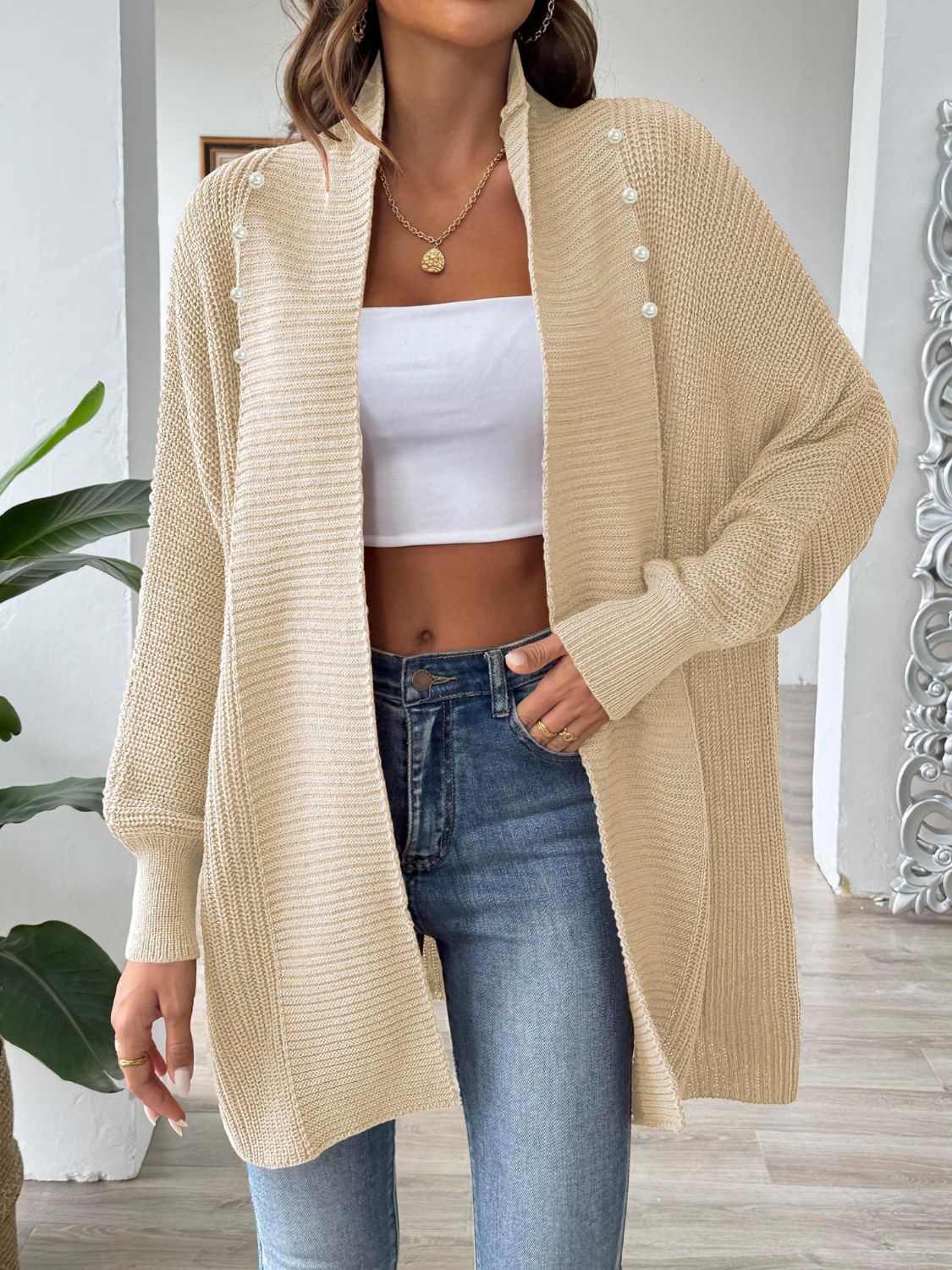Clarice - Chaqueta de punto de manga larga, suelta y elegante, con frente abierto