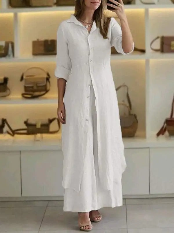 Sunniva - Conjunto informal de vestido largo abotonado de lino y pantalones anchos