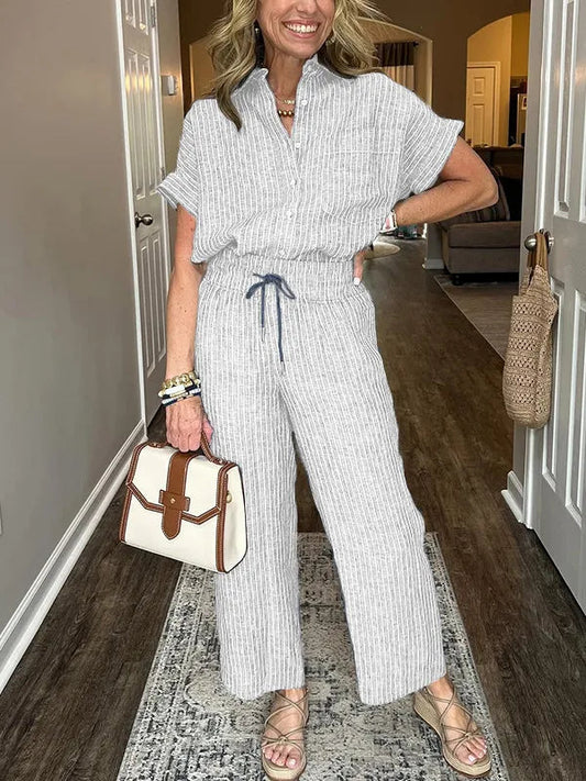 Malou - Conjunto informal de camisa suelta abotonada y pantalón ancho