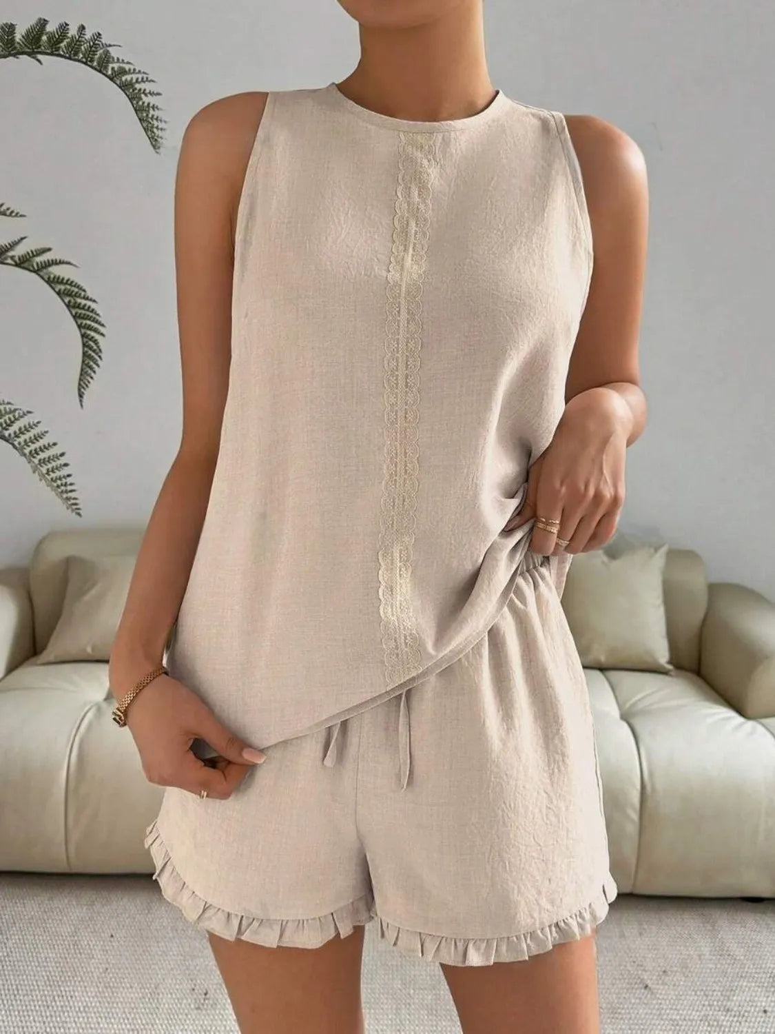 Marissa - Elegante conjunto de top sin mangas y pantalón corto de cuello redondo