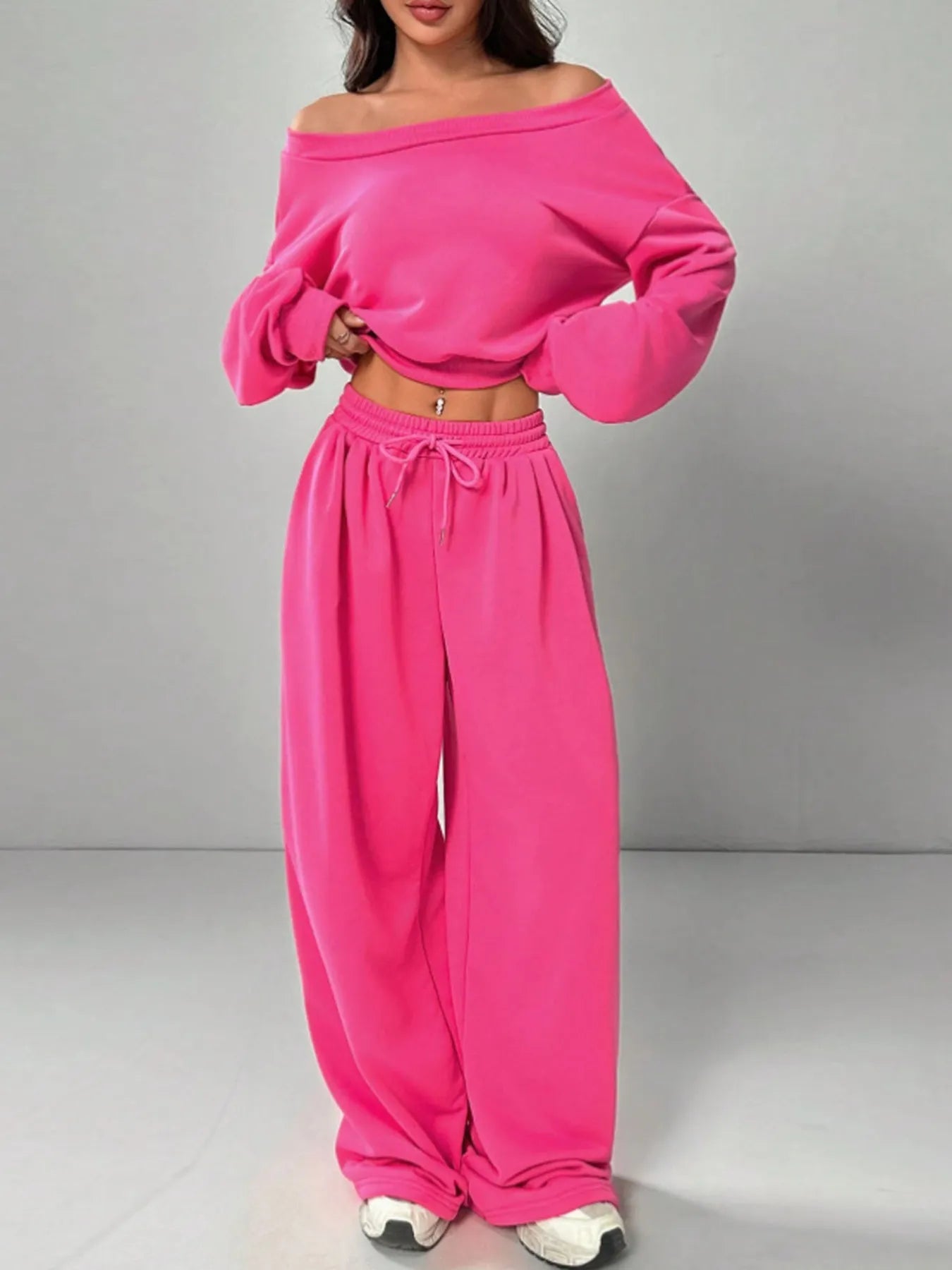 Dina - Conjunto informal holgado de top corto con manga larga y pantalones