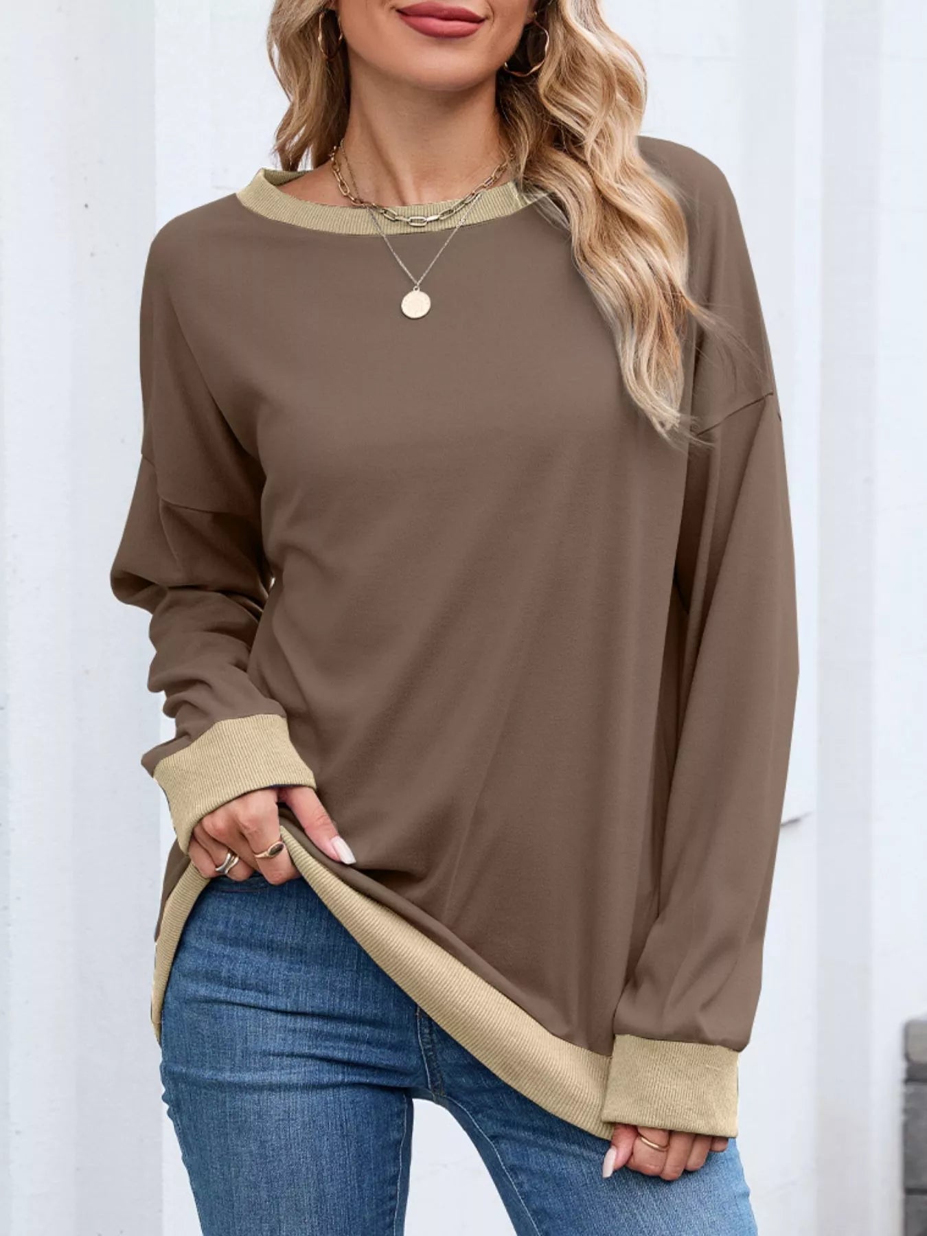 Danette - Sudadera informal de manga larga con ribetes en contraste