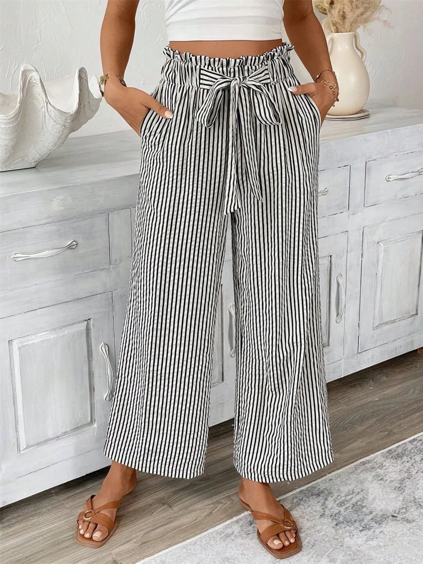 Candy - Elegante pantalón de raya ancha y cintura alta