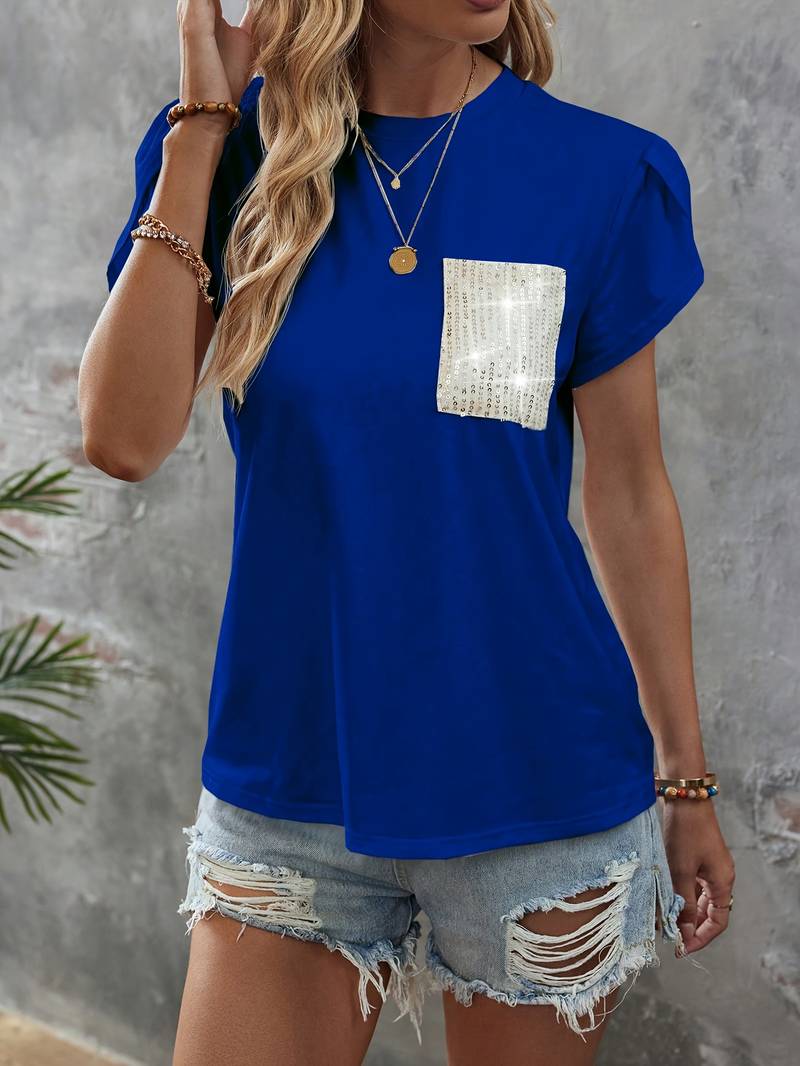 Shane - Top chic con mangas de pétalo y bolsillo de lentejuelas