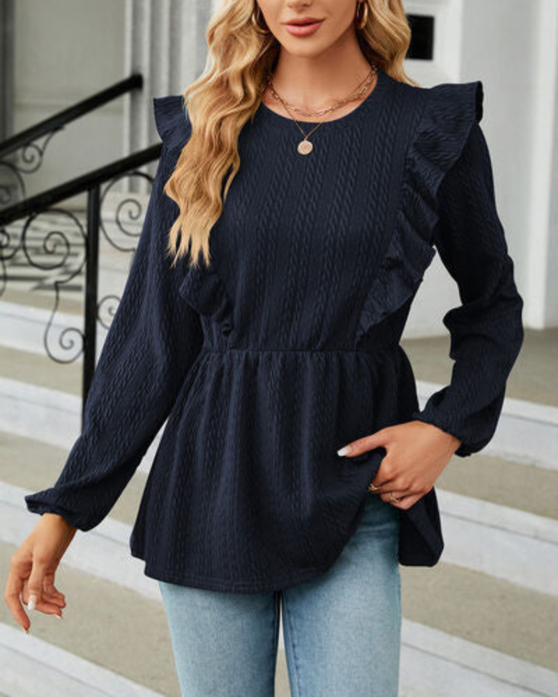 Leilani - Elegante blusa de manga larga y cuello redondo con volantes