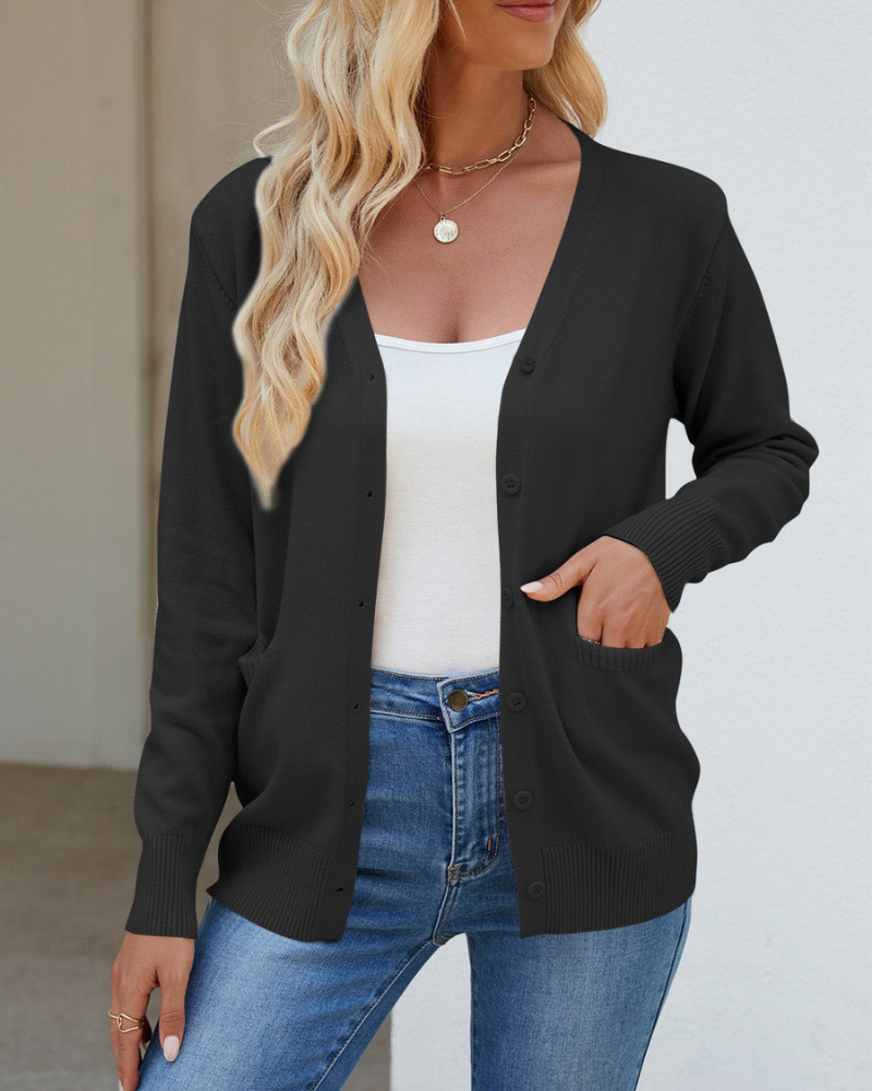 Bessie - Chaqueta de manga larga abotonada con cuello de pico y bolsillos