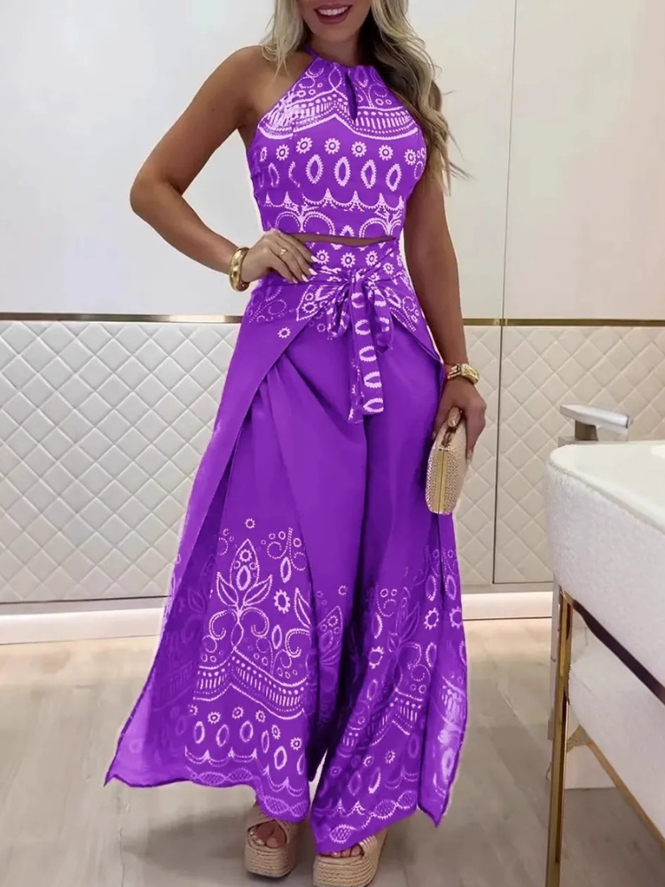 Darlynn  - Conjunto elegante de top corto sin espalda con estampado y pantalones anchos