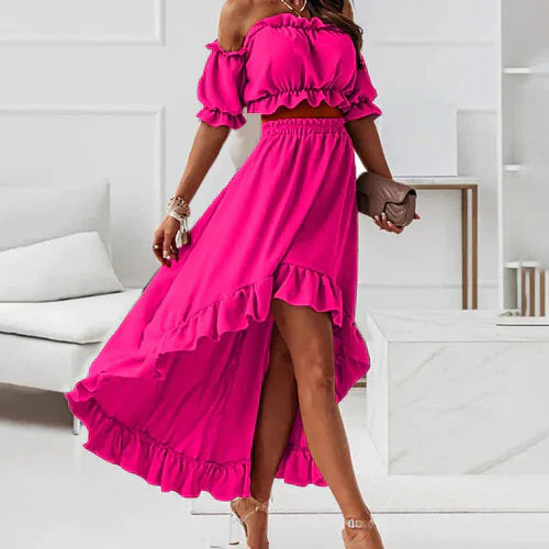 Sanaya - Elegante conjunto de falda y top con volantes y hombros al descubierto