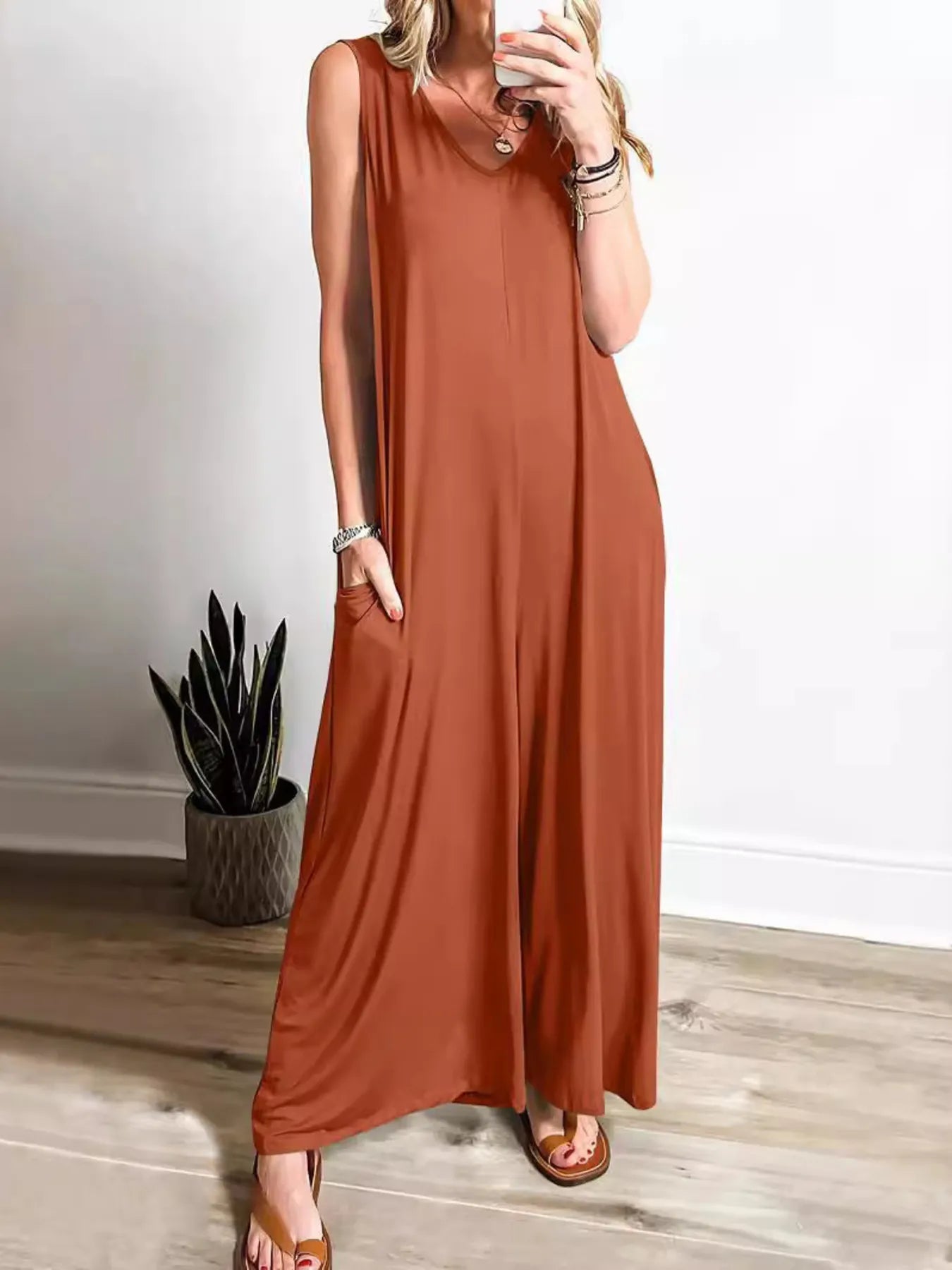 Lily - Mono Casual Sin Mangas Cuello en V Con Bolsillos