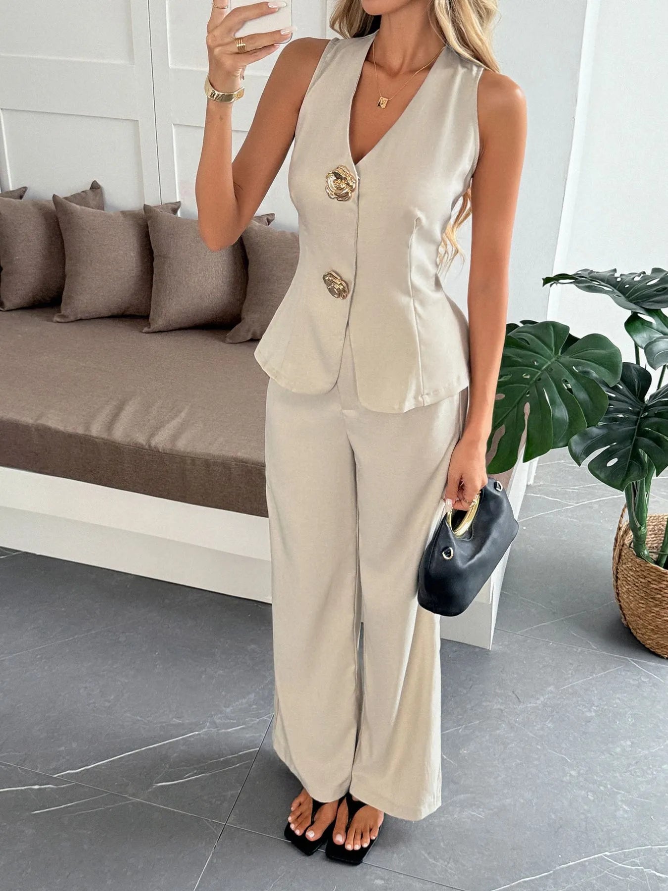 Zainah - Elegante conjunto de chaleco y pantalón con cuello de pico