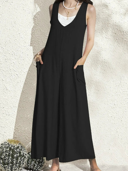 Jemma - Mono informal sin mangas y cuello de pico con pernera ancha