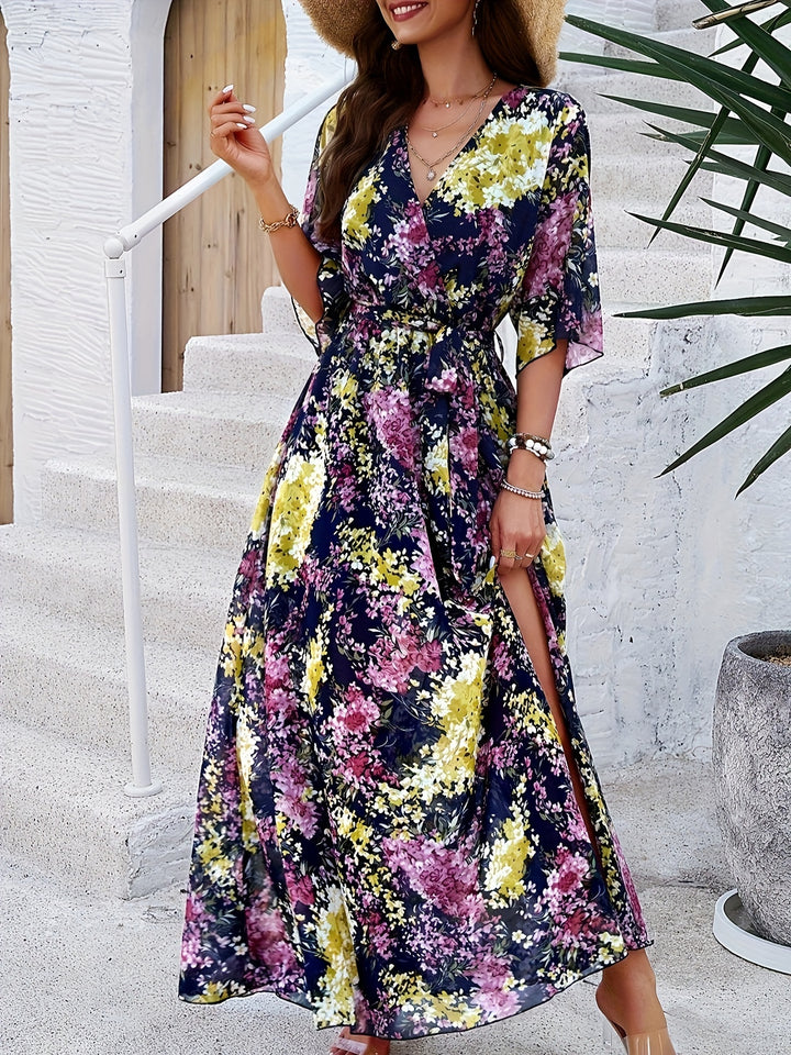 Sabine - Elegante maxivestido floral de media manga