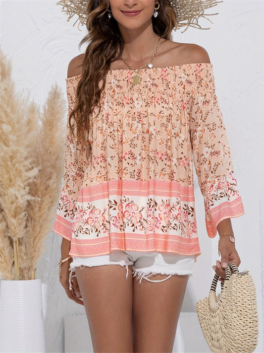 Audrey - Elegante blusa con estampado floral sin hombros