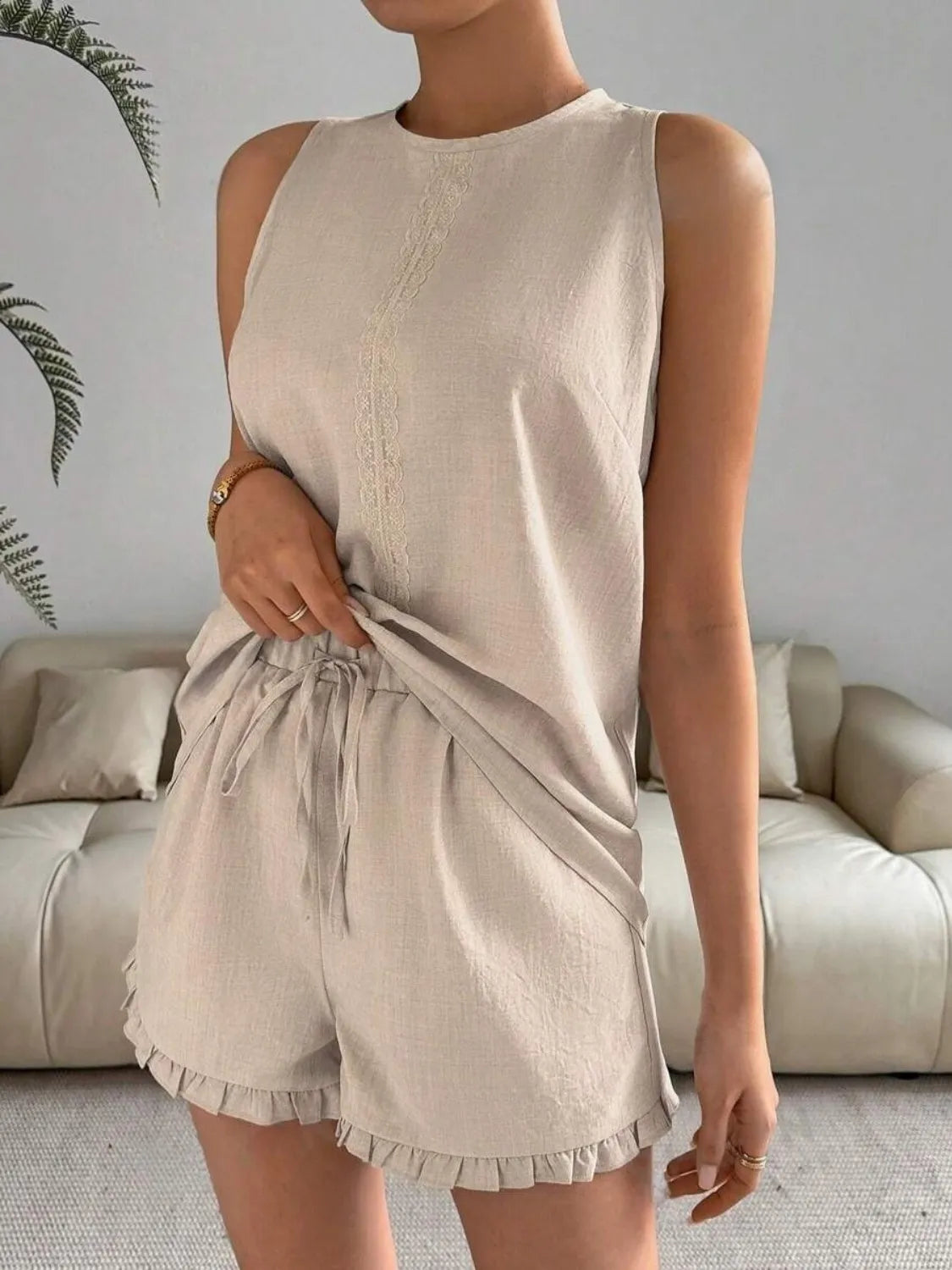 Marissa - Elegante conjunto de top sin mangas y pantalón corto de cuello redondo