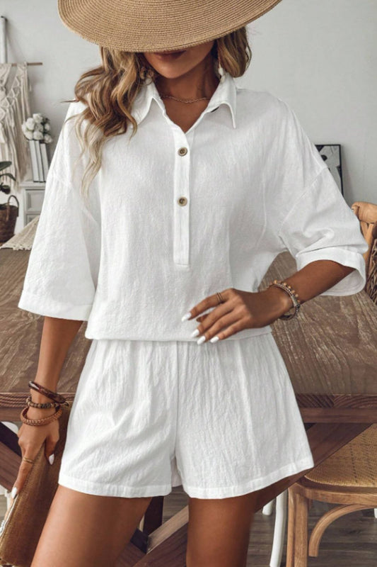 Jennie - Elegante conjunto de blusa polo de manga media y pantalones cortos
