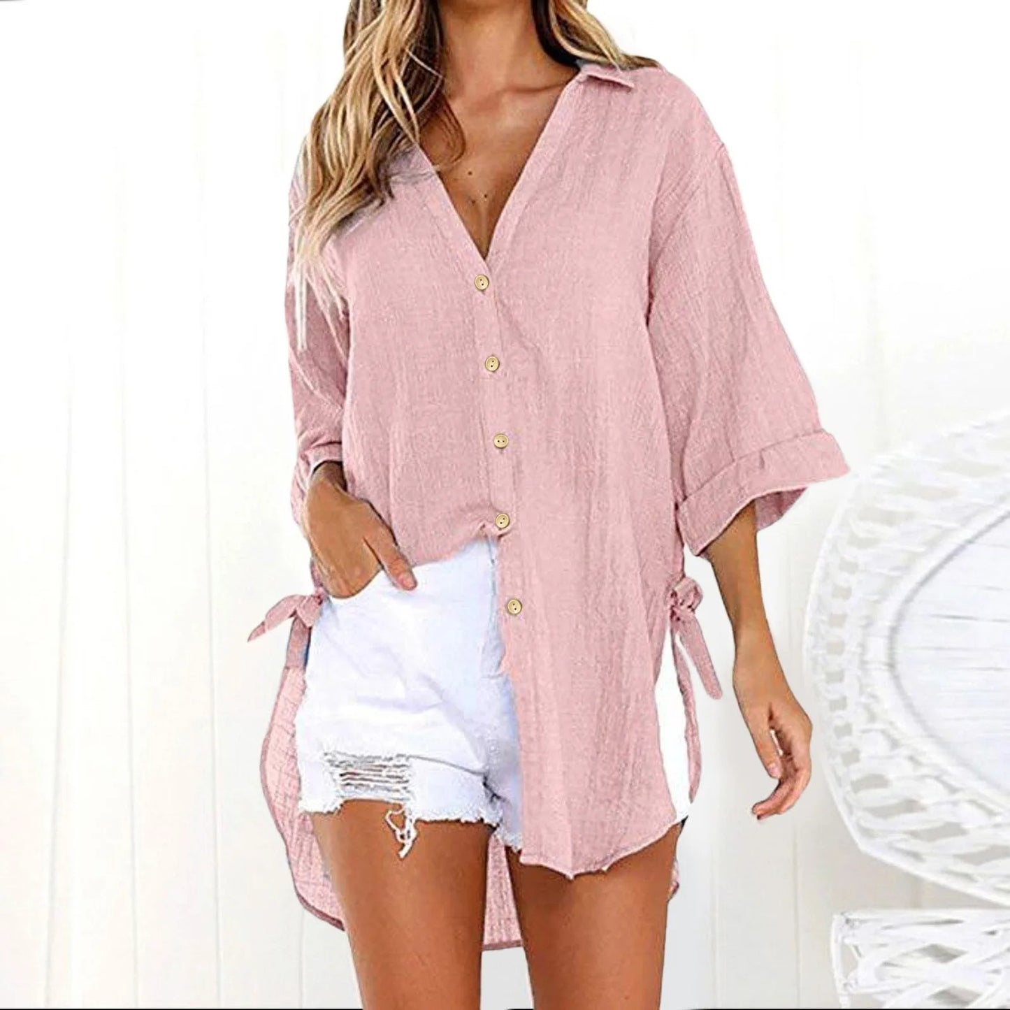 Karmella - Blusa casual suelta con botones y cuello en V