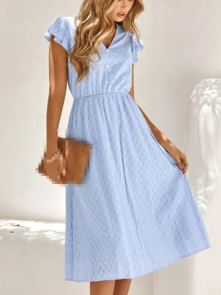 Mikaela - Elegante vestido midi con cuello en V, manga acampanada