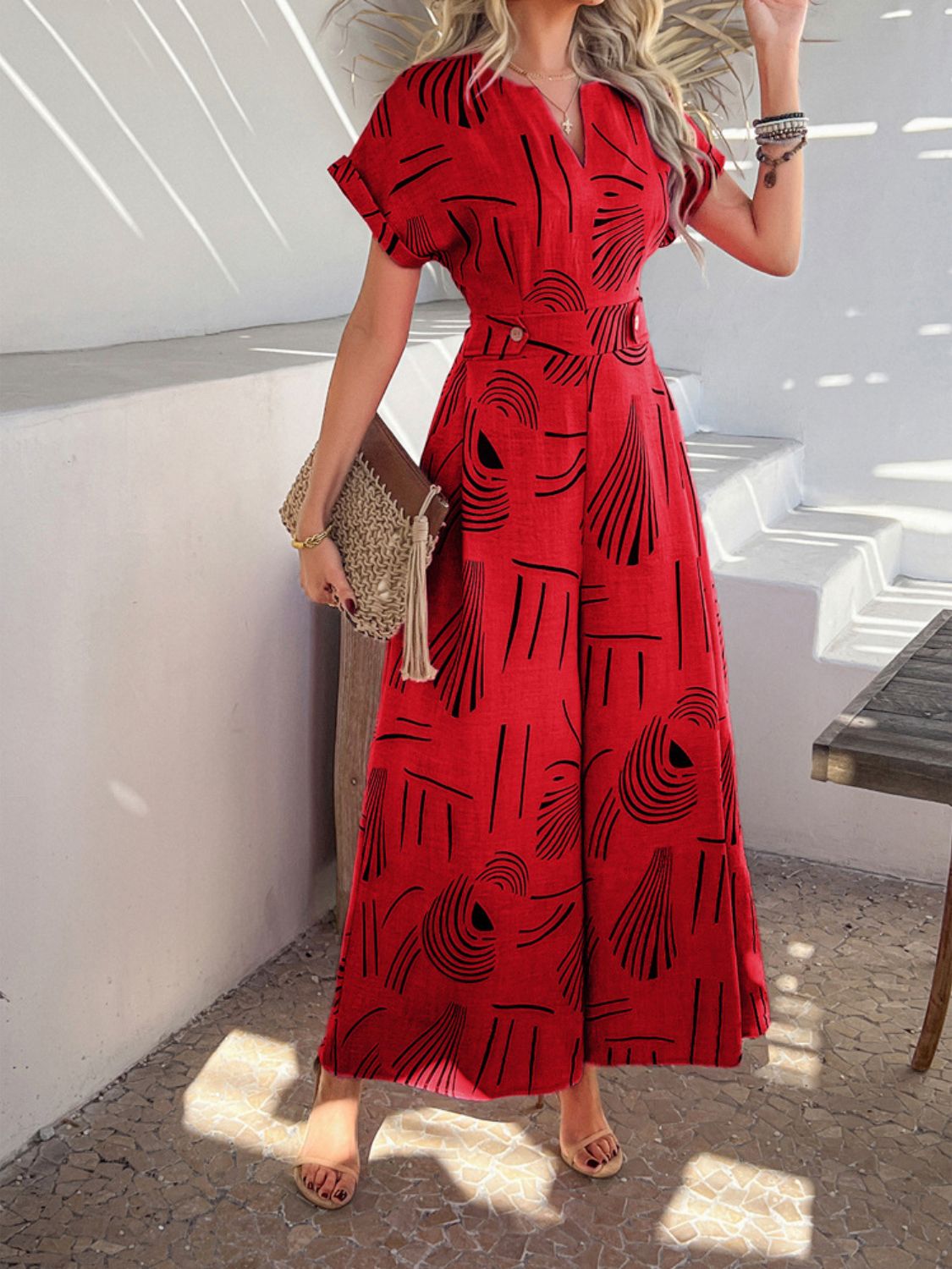 Davina - Elegante mono estampado de manga corta y pernera ancha