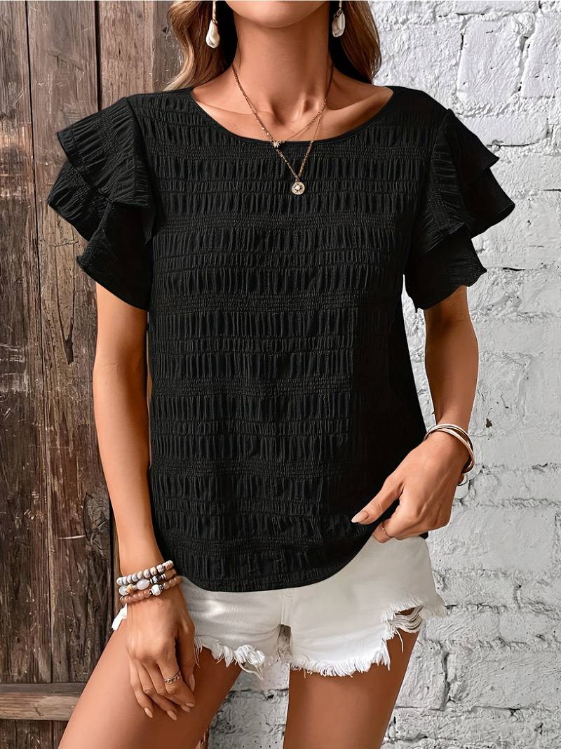 Catty - Elegante blusa de manga corta con volantes en capas y bordes texturizados
