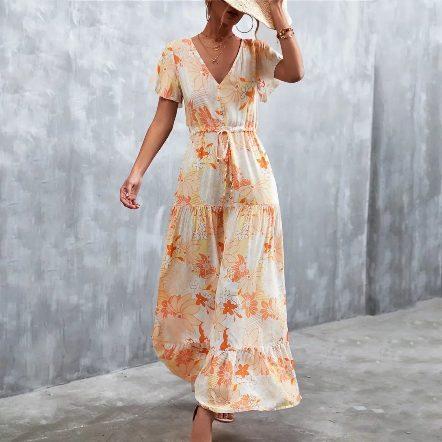 Blythe - Elegante maxivestido holgado de manga corta y escote en pico profundo