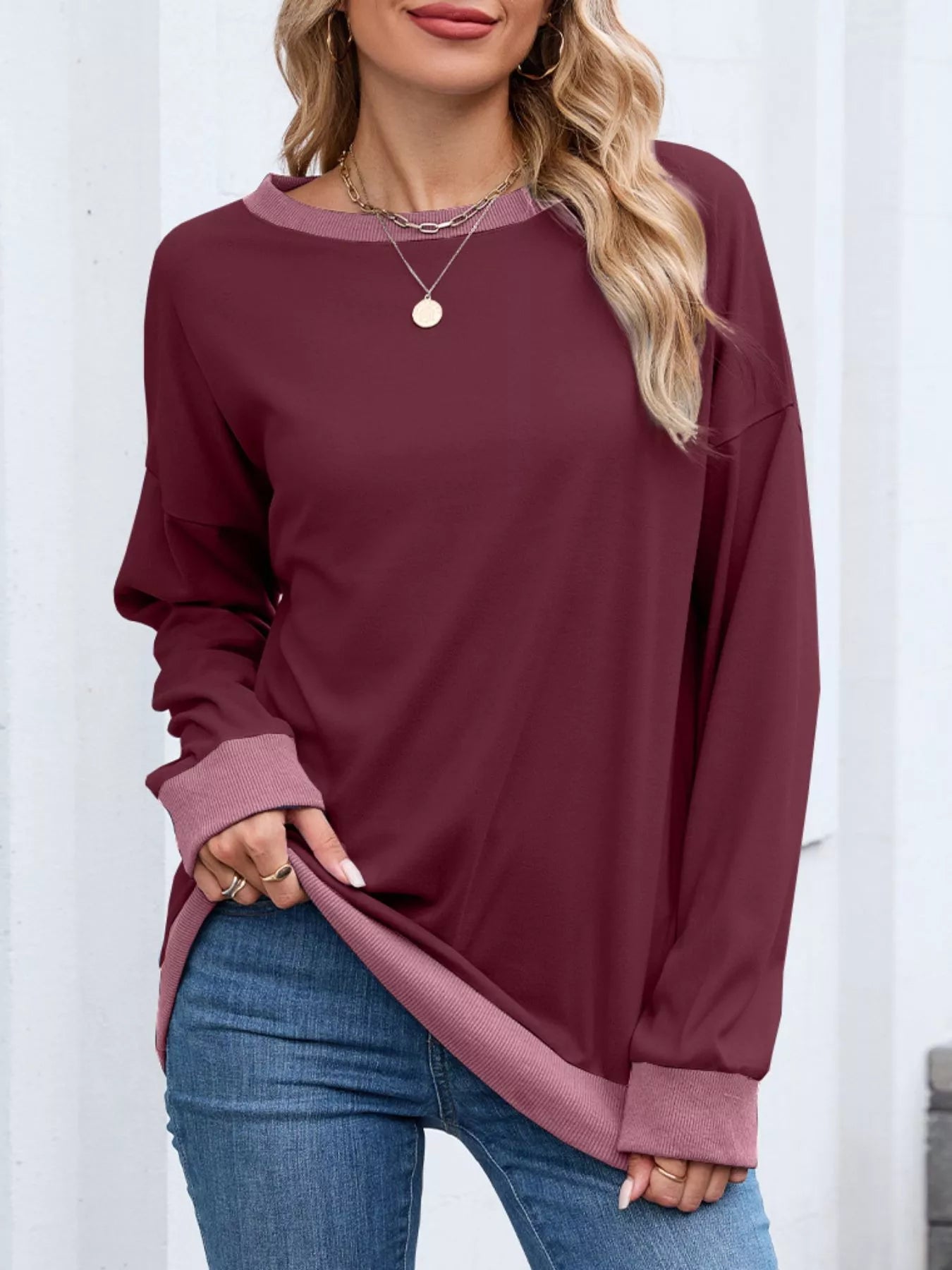 Danette - Sudadera informal de manga larga con ribetes en contraste