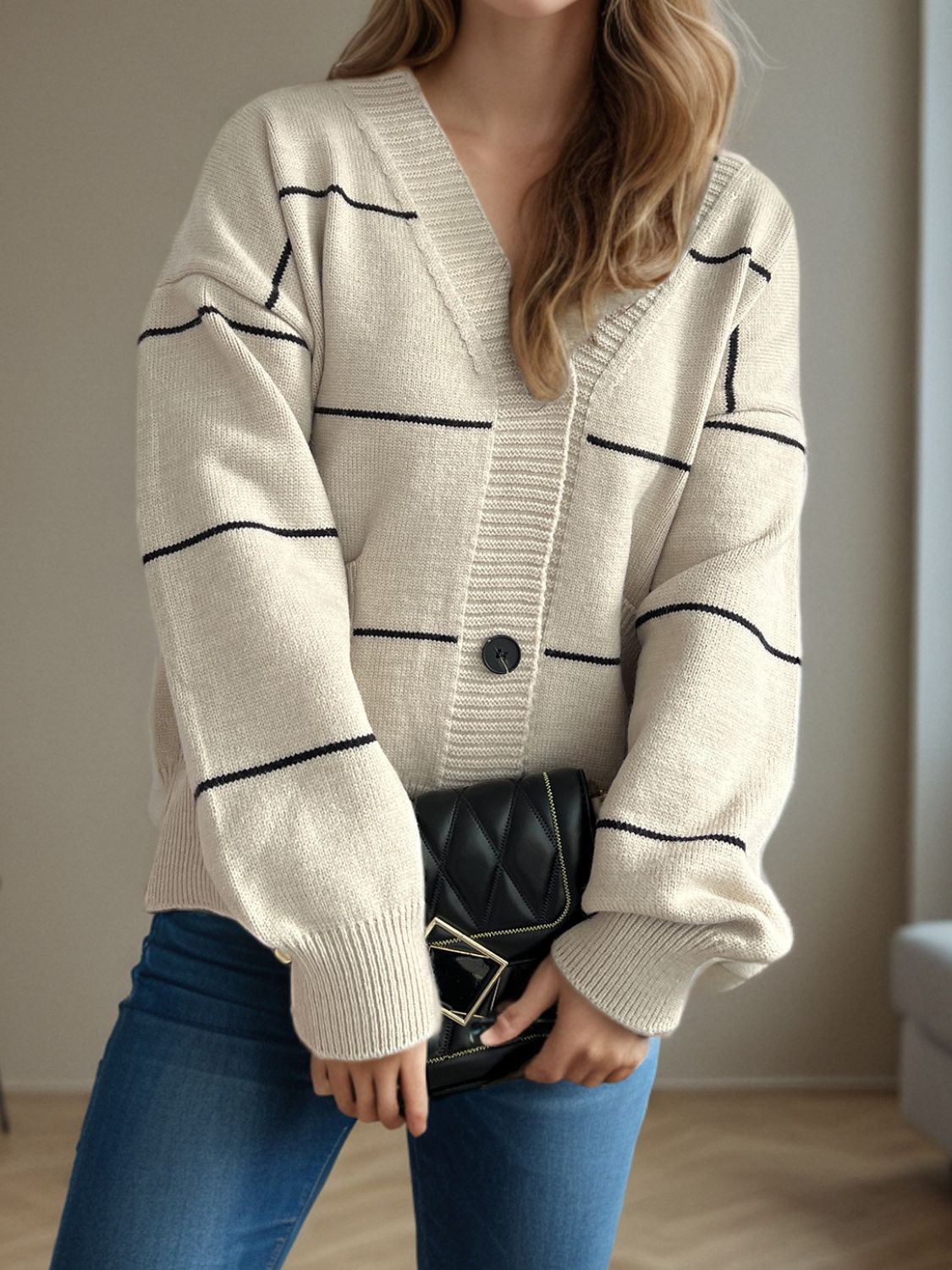 Aubrey - Chaqueta informal de manga larga con cuello en V y botones a rayas